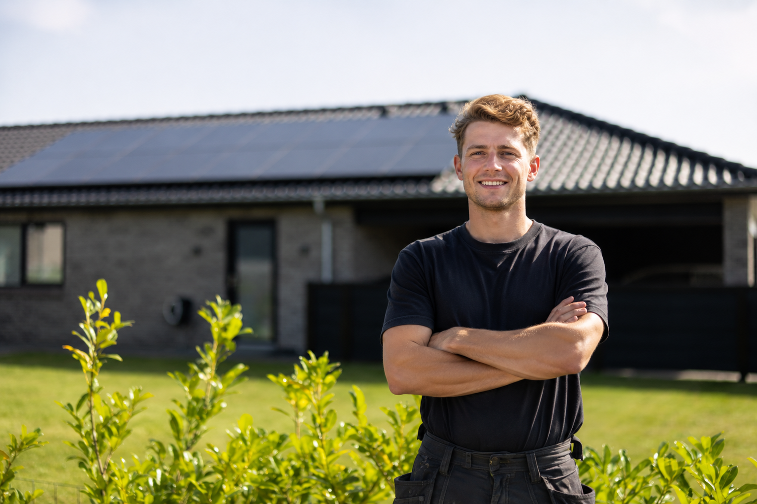 Vår montör framför ett hus med solceller